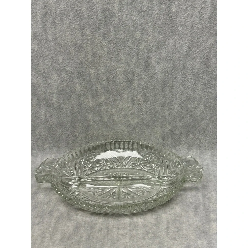 Vintage Relish‎ Dish Clear Divided Starburst Pattern Scalloped Tab Handles